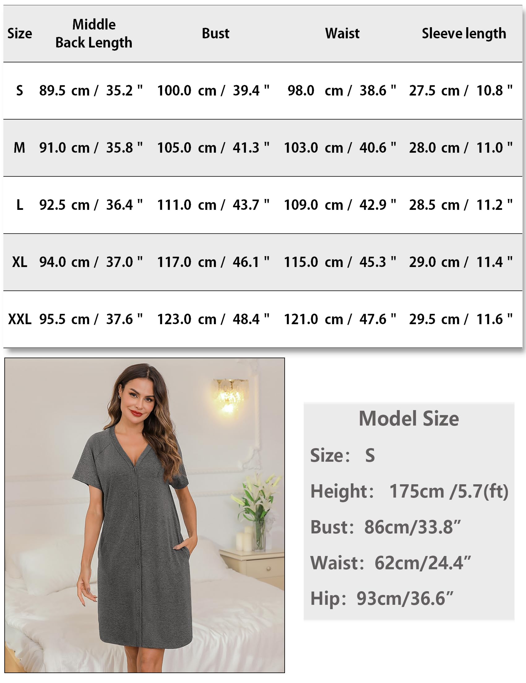iClosam Chemise de Nuit Femme Coton Vêtements de Nuit Con Bouton Manches Courtes Chemise de Nuit Allaitement Maternité Robe de Nuit Devant Ouvert Doux et Confortable S-XXL