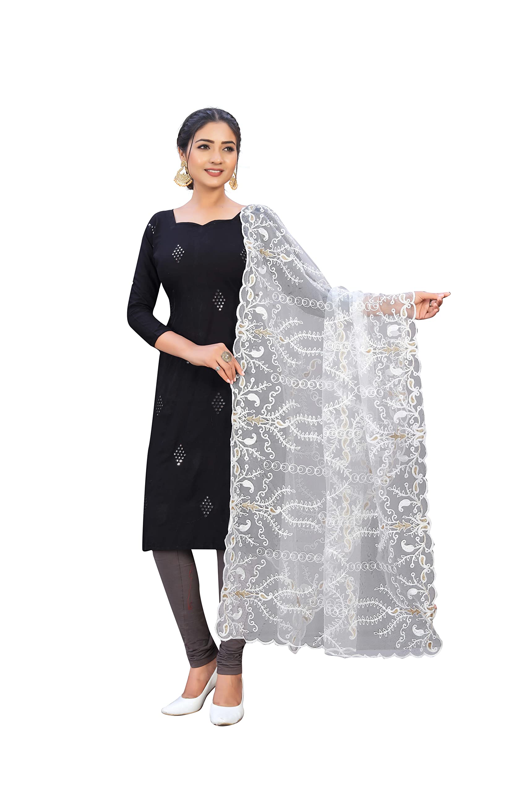 BESTMART WOMEN'S NYLON NET Embroidered Designer Four Side Cutwork Dupatta For WOMEN & GIRL