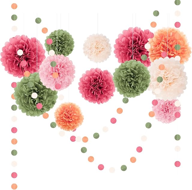 NICROLANDEE Wedding Party Decorations - 15Pcs Pink, Sage Green, Ivory Tissue Paper Pom Pom for Birthday Pastel Decorations, Engagement Baby/Bridal Shower Anniversary Valentine Dot Paper Backdrop Decor