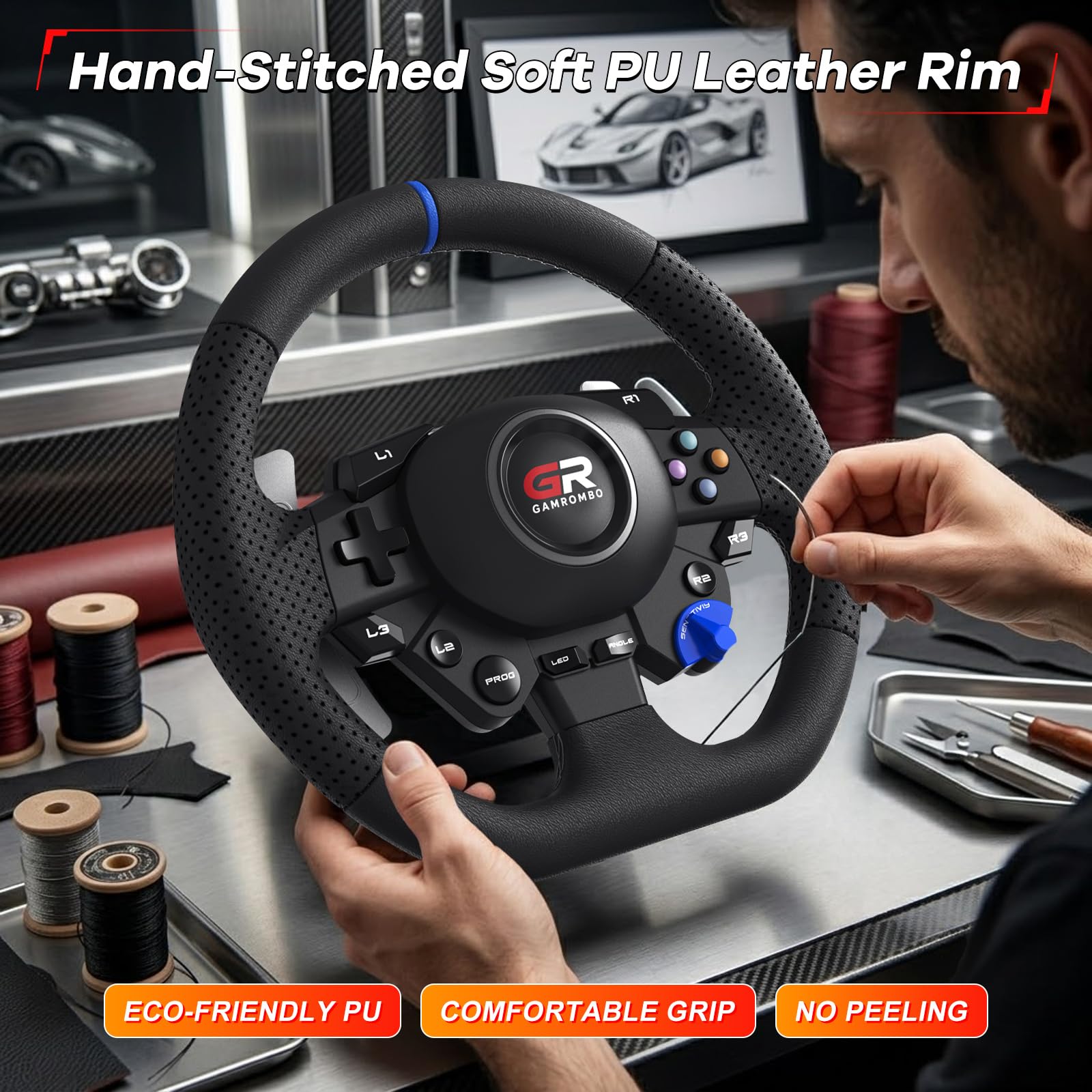 Gamrombo Set di ruote da corsa da 11 pollici per PS5/PS4/PC | con pelle cucita a mano, rotazione di 270°/900°, doppia vibrazione, RGB, Prog Remap, pedale e cambio