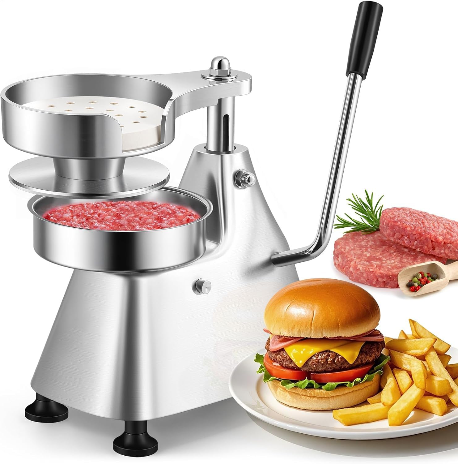 Commercial Hamburger Patty Maker, 130mm/5inch Stainless Steel Burger Press Heavy Duty Hamburger Press, Meat Patty Maker Hamburger Forming Processor with 400pcs Patty Papers, for Beef Pork Chicken