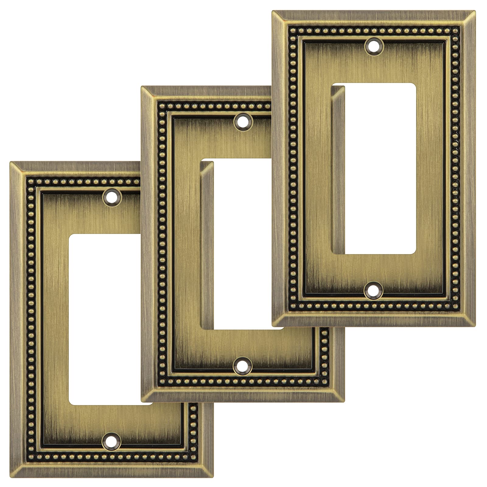 Henne Bery Sunken Pearls Heavy Duty Decorative Wall Plate Switch Plate Outlet Cover (Single Decorator, 3 Pack, Antique Brass)