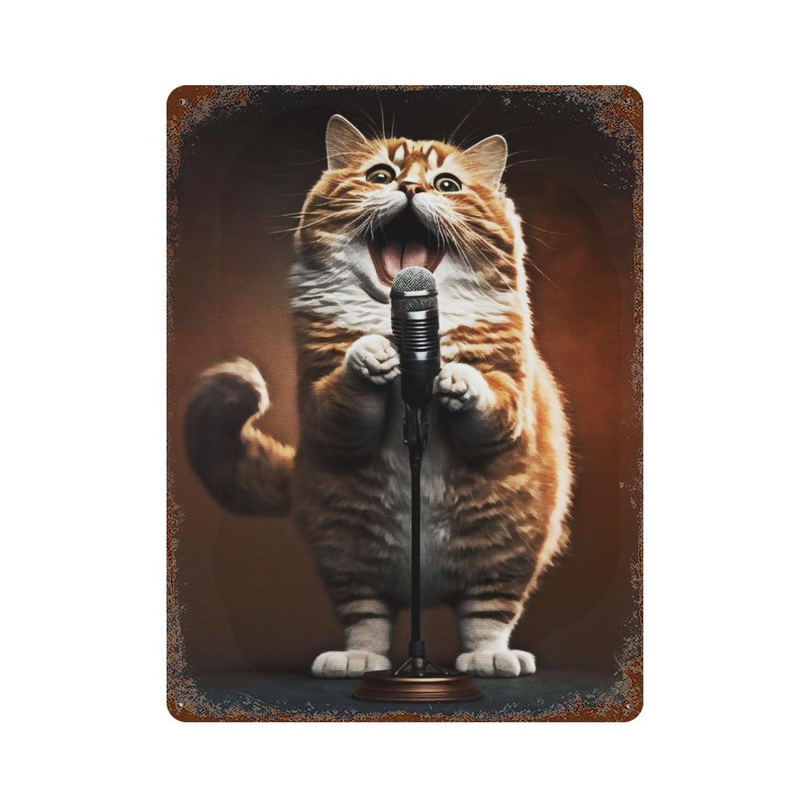 Cat Singing Aged Metal Wall Plaque 15.7"x11.8", Farmhouse Wall Decor for Office, Studio And Wall Decor