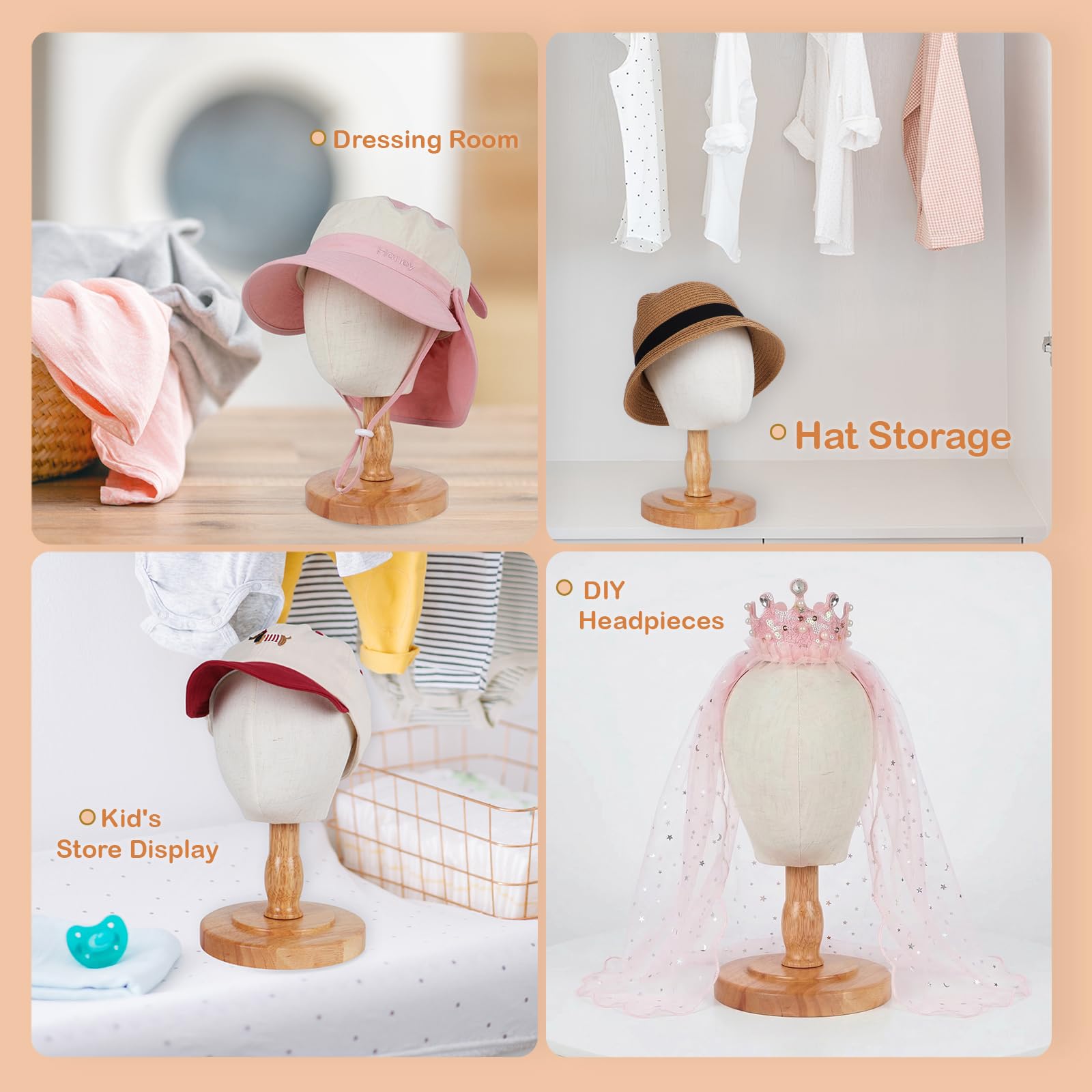 DiazySight Cabeza de maniquí para niños, sin pinnable, soporte de lino para sombreros con base de madera resistente, para mostrar sombreros, lazos, diadema, ganchillo, tamaño: 50cm