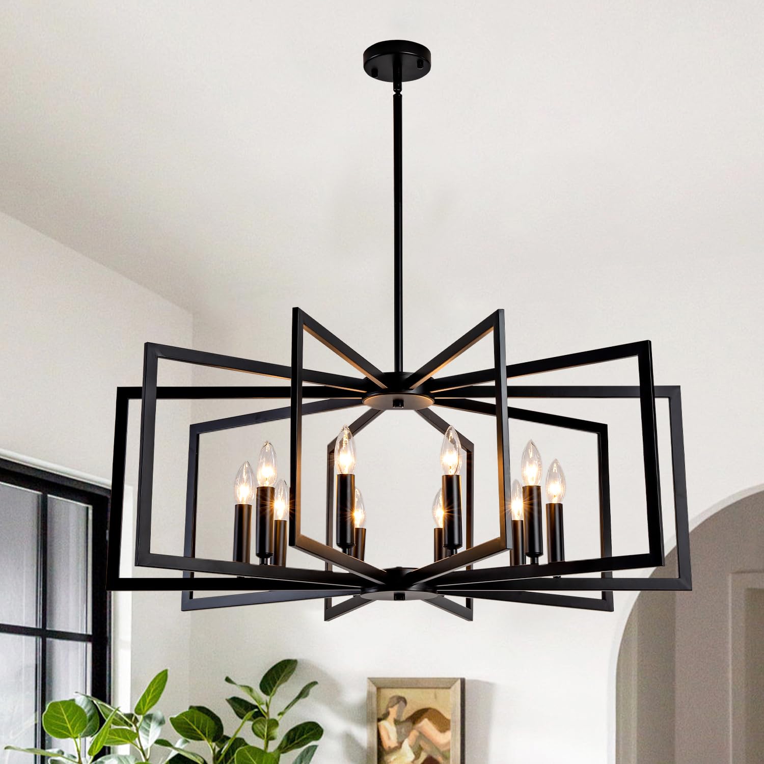 Klrbiqy Black Chandelier for Dining Room,10-Light Kitchen Chandelier Light Fixture Modern Farmhouse Geometric Metal Hanging Industrial Chandeliers for