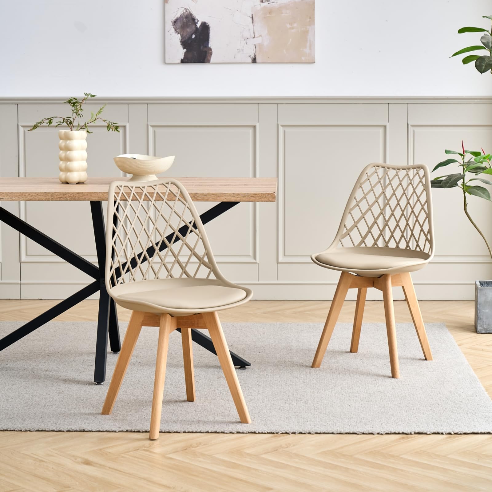 GrandCA HOME Lot de 6 Chaises de Salle à Manger, Chaises de Cuisine Modernes avec Assises en Cuir et Pieds en Hêtre, Idéales pour La Cuisine et La Salle à Manger - Kaki