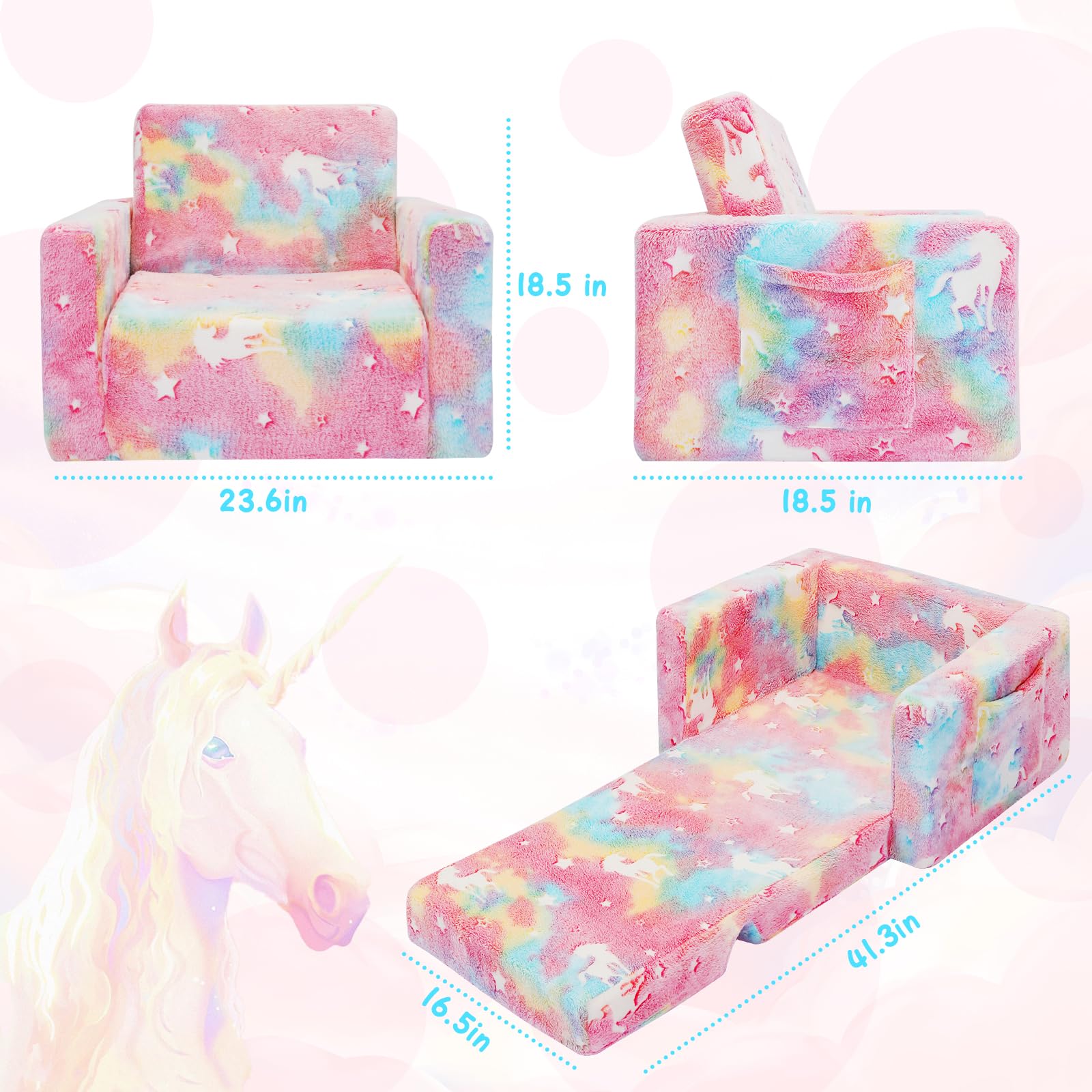 SLIGUY Kids Couch, Fold Out Kids Sofa Chair, Toddler Convertible Sofa to Lounger Pull Out Couch, Glow in The Dark Sofa Chair for Boys and Girls (Pink Unicorn), MS-20230624