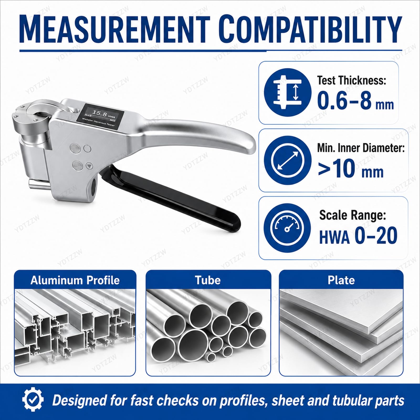 Durómetro Digital Webster, medición portátil de la dureza del Aluminio, Rango de 0 a 20 HWA, Espesor de 0,6 a 8 mm, resolución de 0,1 HWA, precisión de ±0,5 HWA, para perfiles, láminas y Tubos