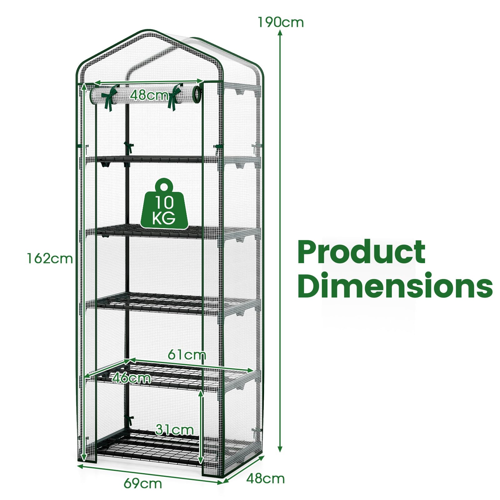 HOMASIS Serre de Jardin avec 4/5 Étagères, Serre de Balcon avec Porte Enroulable à Charnière, Étagère Amovible pour Plantes en Acier, Mini Herbe pour Jardin d'hiver (Transparent, 69 x 48 x 190 cm)