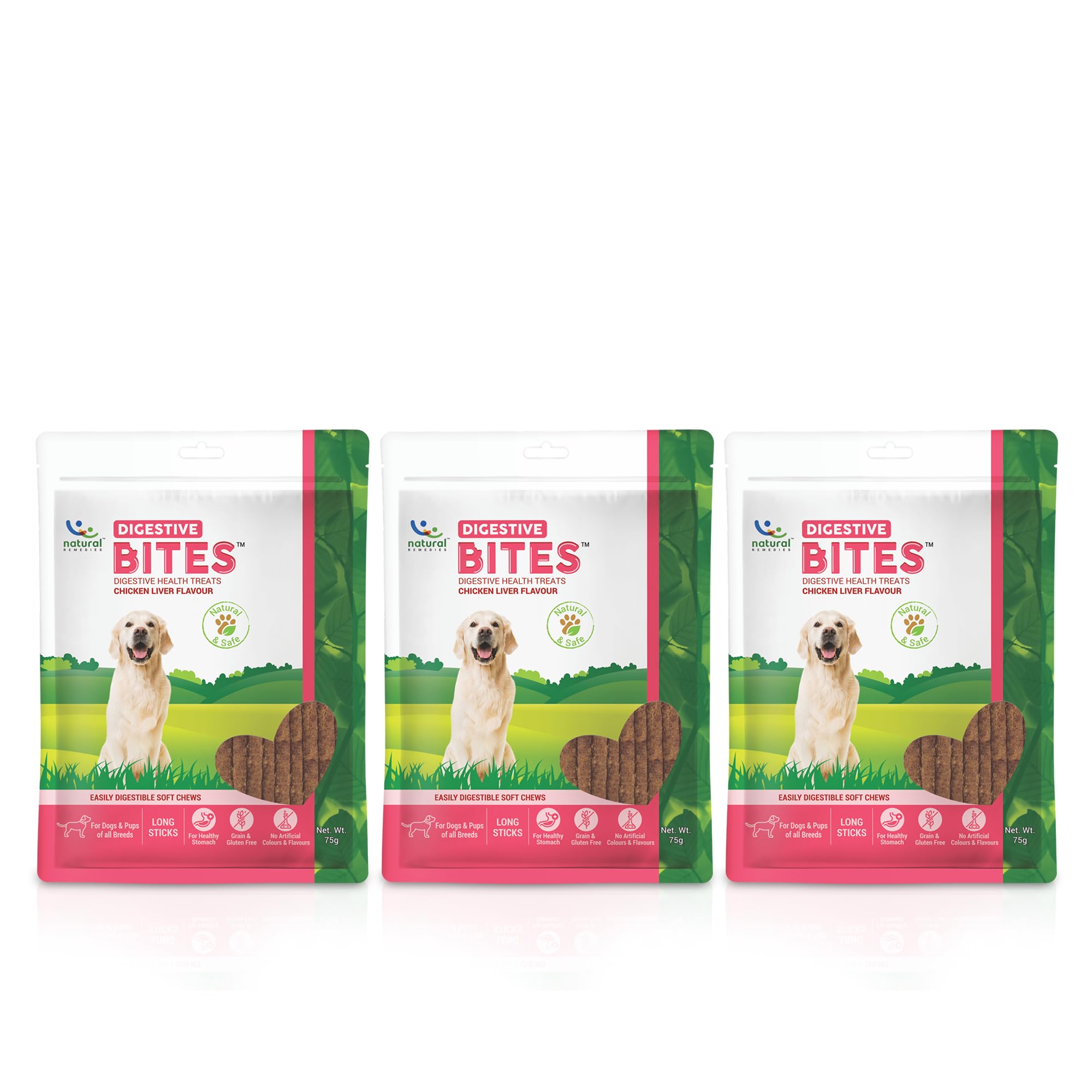 Natural Remedies Digestive Bites - Soft Chews Long Sticks for Dogs & Puppies, Supports Healthy Digestion, Grain & Gluten-Free, Natural & Safe, Chicken Liver Flavor, All Life Stages, 75g (Pack of 3)
