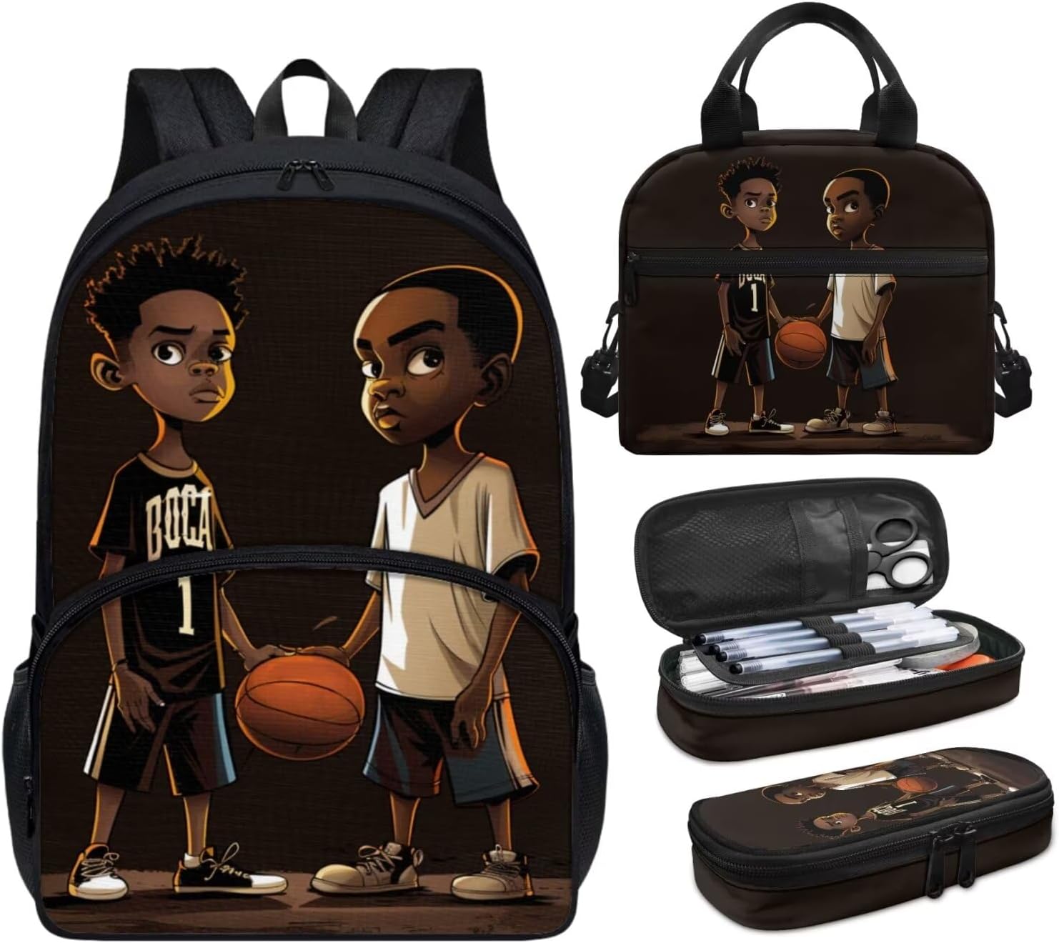 Afro Black Boys Backpack with Lunch Box Set African Boy Bookbag Lunch Bag 1 Grade/2Nd Grade Book Bag Lunchbox Pencil Case Satchel Bag
