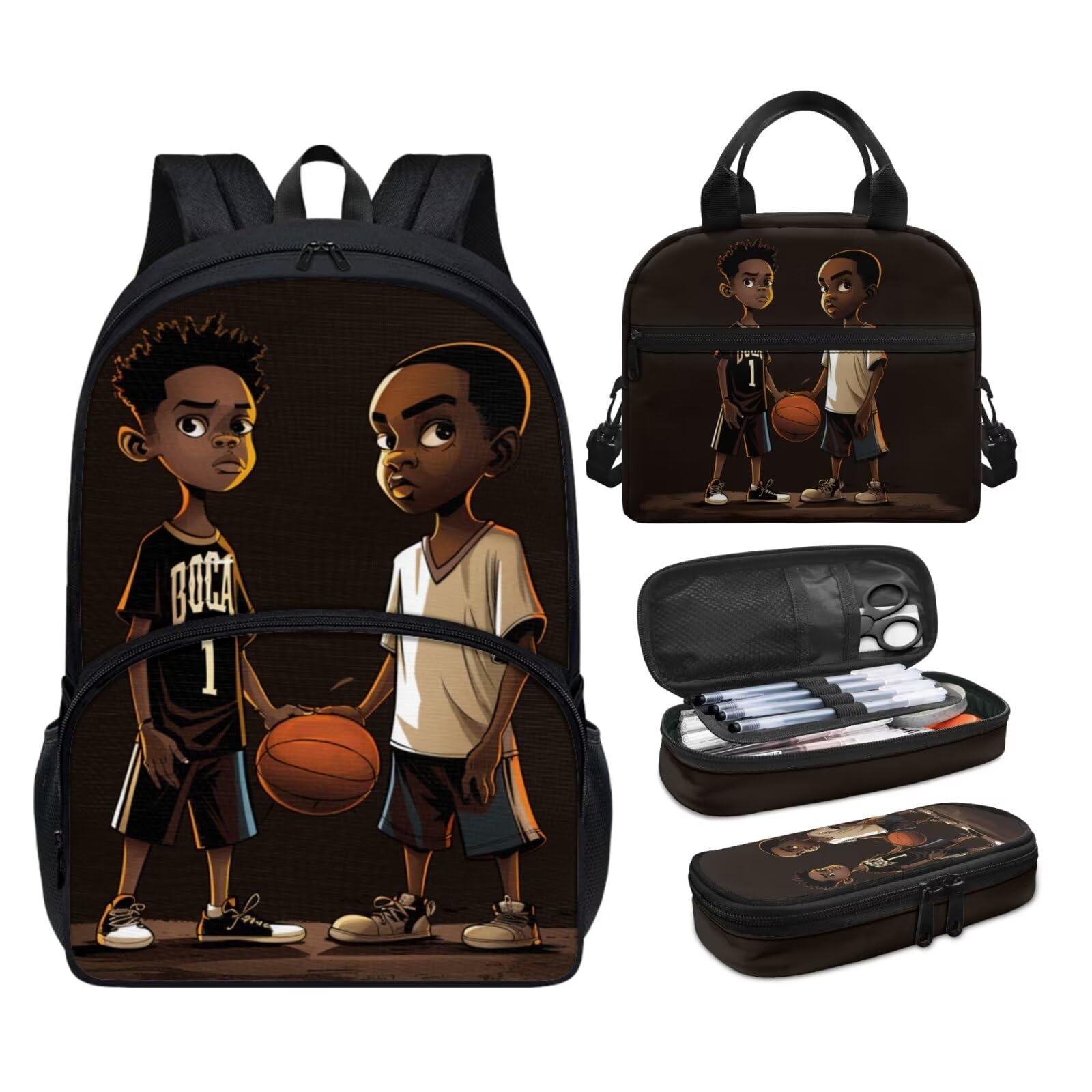 ZUXONGSY Afro Black Boys Backpack with Lunch Box Set African Boy Bookbag Lunch Bag 1 Grade/2Nd Grade Book Bag Lunchbox Pencil Case Satchel Bag