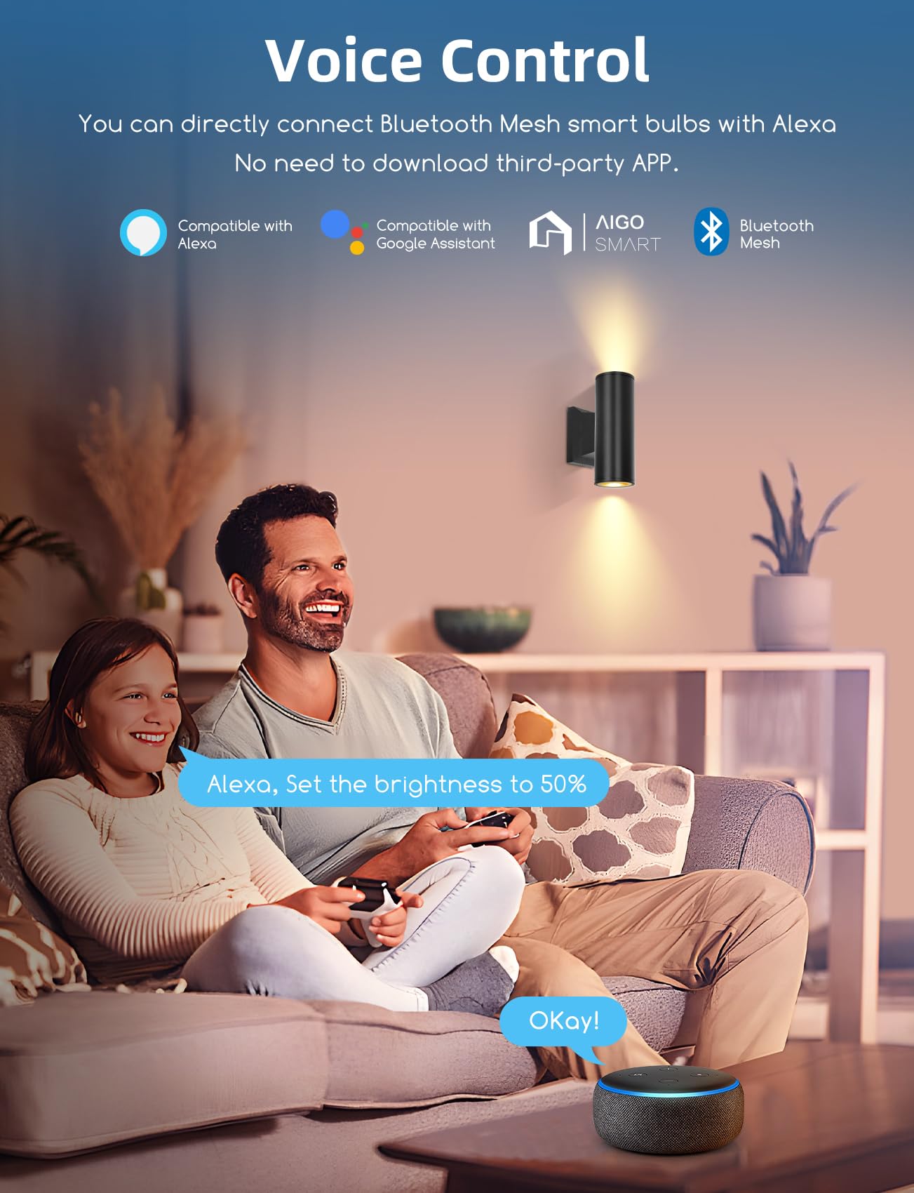 Aigostar Mesh - Alexa LED Applique da parete per esterni Bluetooth Mesh, GU10 Intelligent Up Down Apparecchio da esterno IP65, Nero Illuminazione da parete per Alexa, 2 unità (con telecomando)