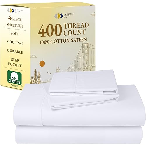 California Design Den King Size Sheets Set - Soft 400 Thread Count Sateen, Natural 100% Cotton Sheets King Size, Deep Pockets with All Around Elastic for a Snug Fit, Cool & Durable Bedding - White