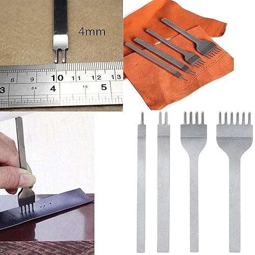 Miniatura 5 de YUENTOEN 4 perforadores de cuero para manualidades, herramienta de recorte de cuero, acero blanco de 0.157 in, 1246 puntas, cincel de costura, kits