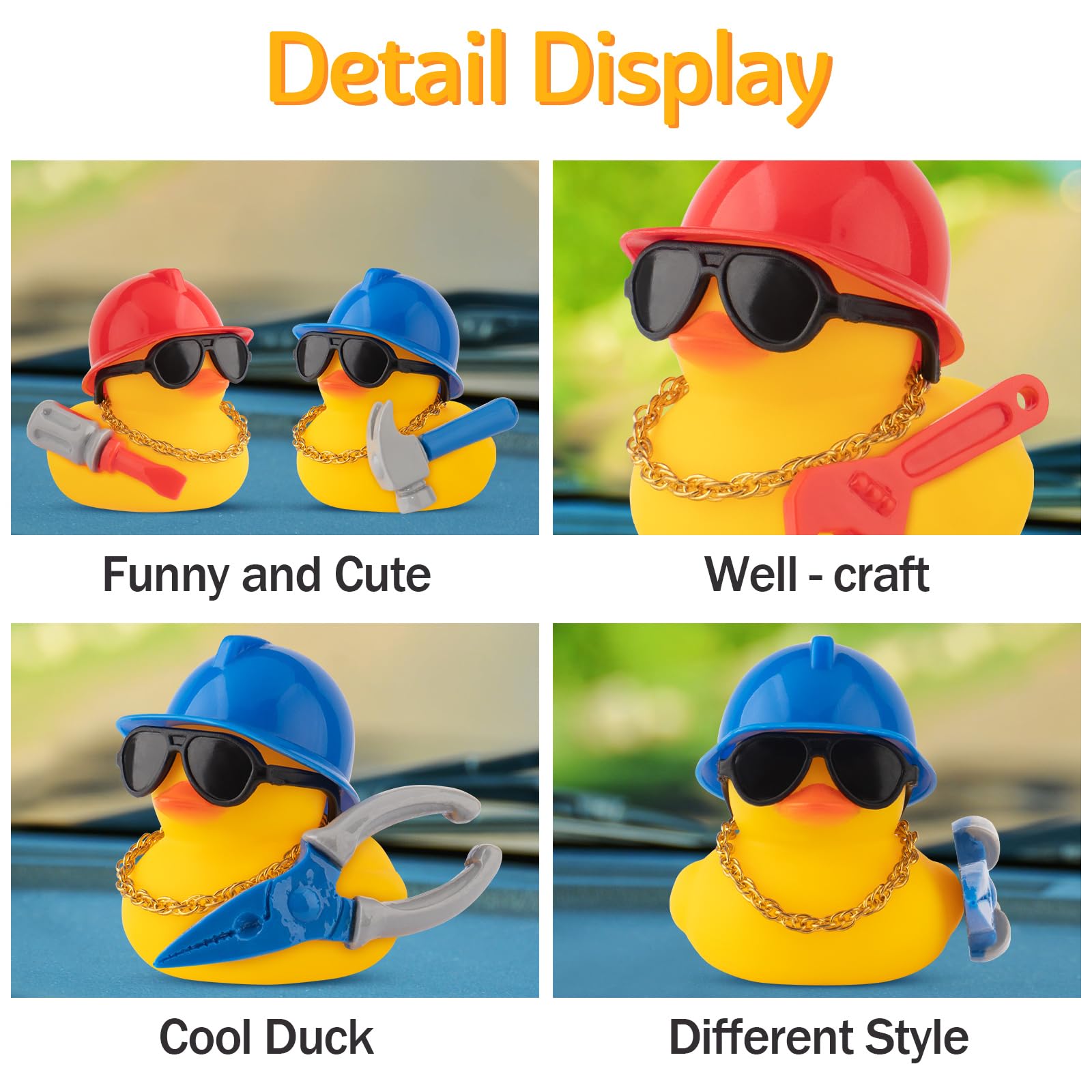 wonuu Car Dashboard Decorations Rubber Ducks, Construction Builder Rubber Ducky for Car Ornament Cute Duck with Tool, Hard Hat, Glasses, Necklace (Hammer)