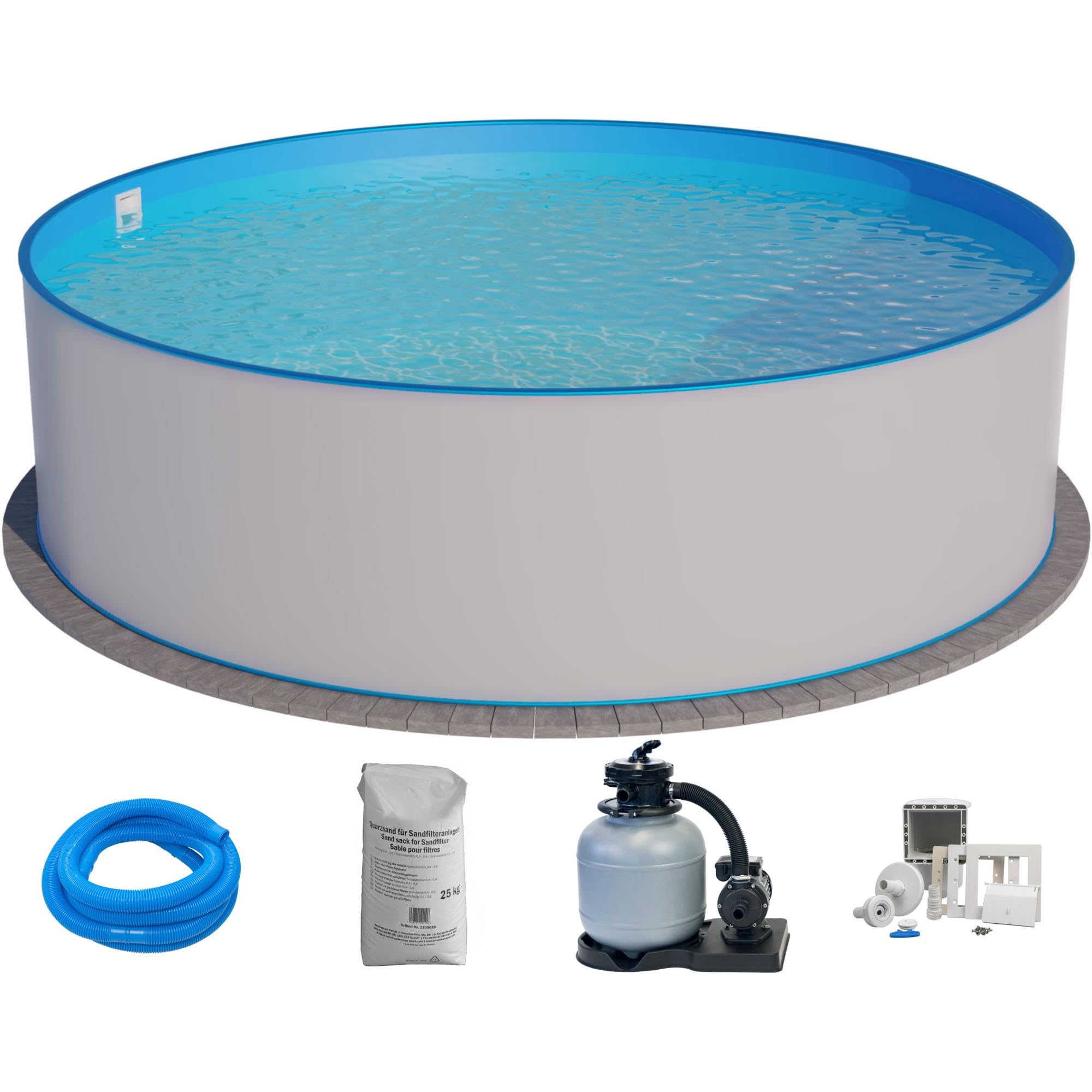 Planet Pool Stahlwandpool Set rund Brasilia 300x120 cm, Stahl 0,6 mm weiß, Folie 0,6 mm blau, Einhängebiese