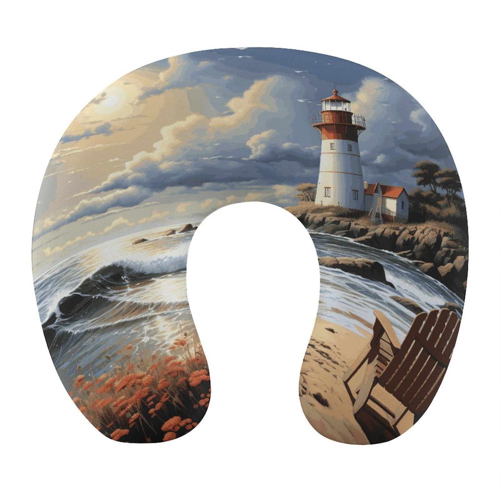 Adfgyerh Style Sea Lighthouse Sandbeach U-Shaped Pillow，Memory Foam Pillow Core，Cushion ，Provide Neck Support ，Travel Pillow，Suitable For Airplanes, Cars, Homes, And Offices.