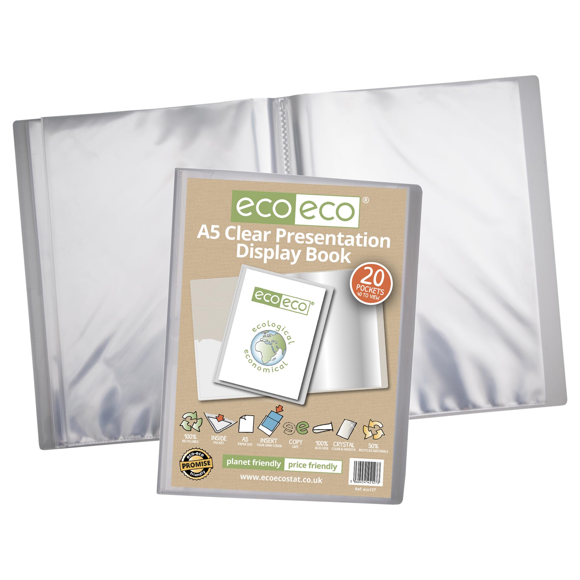 eco-eco eco127 format A5 w 50% z recyklingu, 20 kieszeni, przezroczysta książka prezentacyjna, etui do przechowywania, teczka artystyczna, z plastikowymi rękawami, rozmiar A5