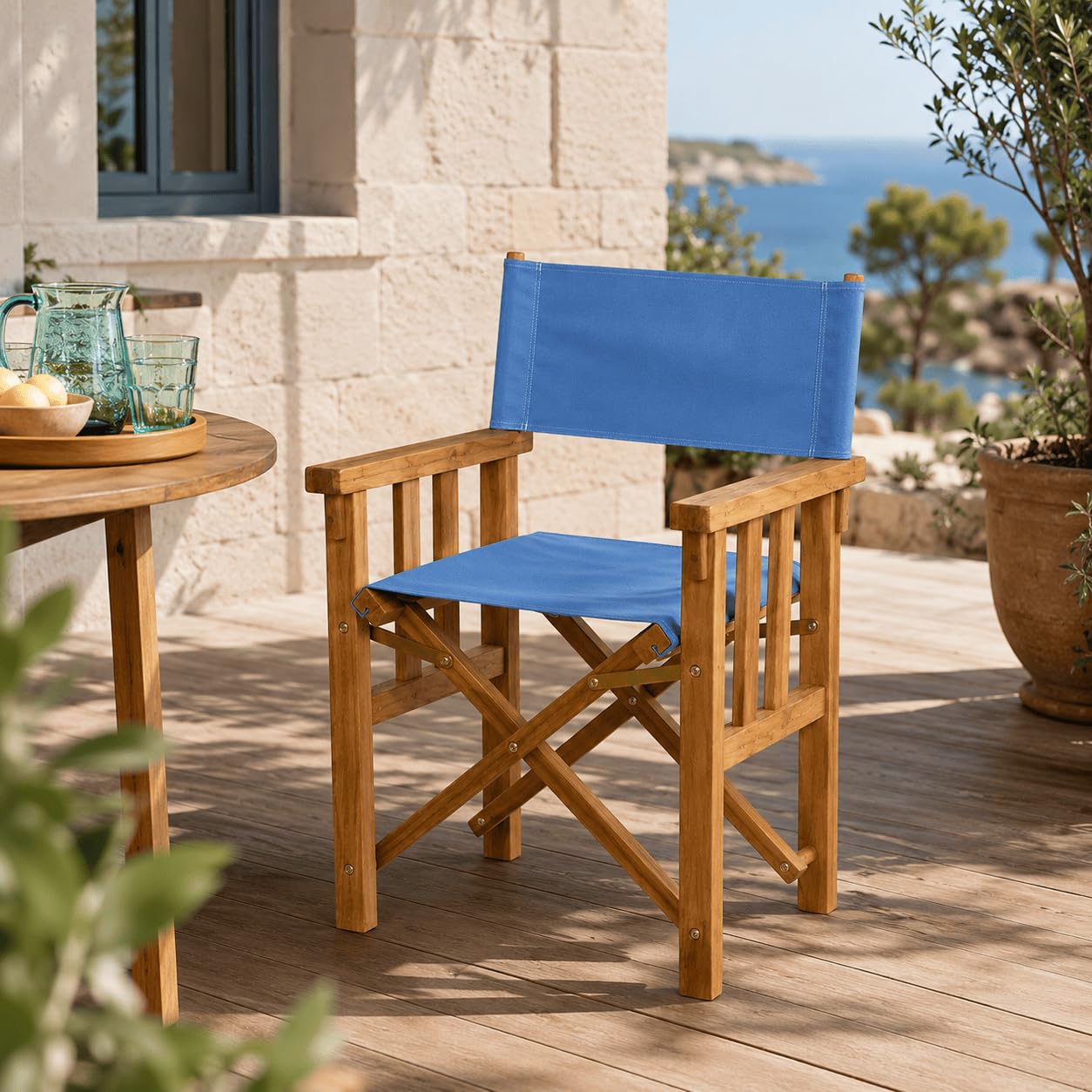 Sedia Regista Pieghevole in Legno Teak CANNES | Poltrona Outdoor con Braccioli, Salvaspazio per Giardino, Terrazza e Campeggio | 58 x 58 x 85 cm (Tela Azzurra)