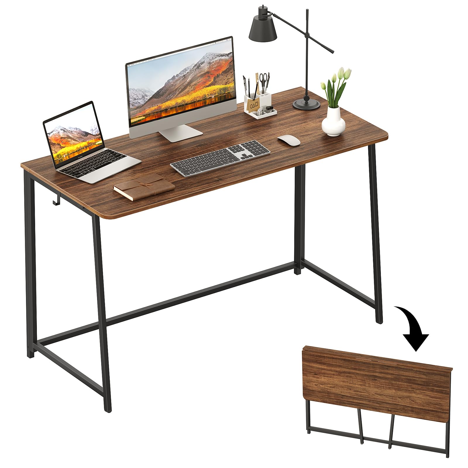 WOHOMO Folding Desk, 120cm Foldable Computer Desk for Bedroom, Space Saving Computer Table Writing Workstation for Home Office, Easy Assembly, Walnut