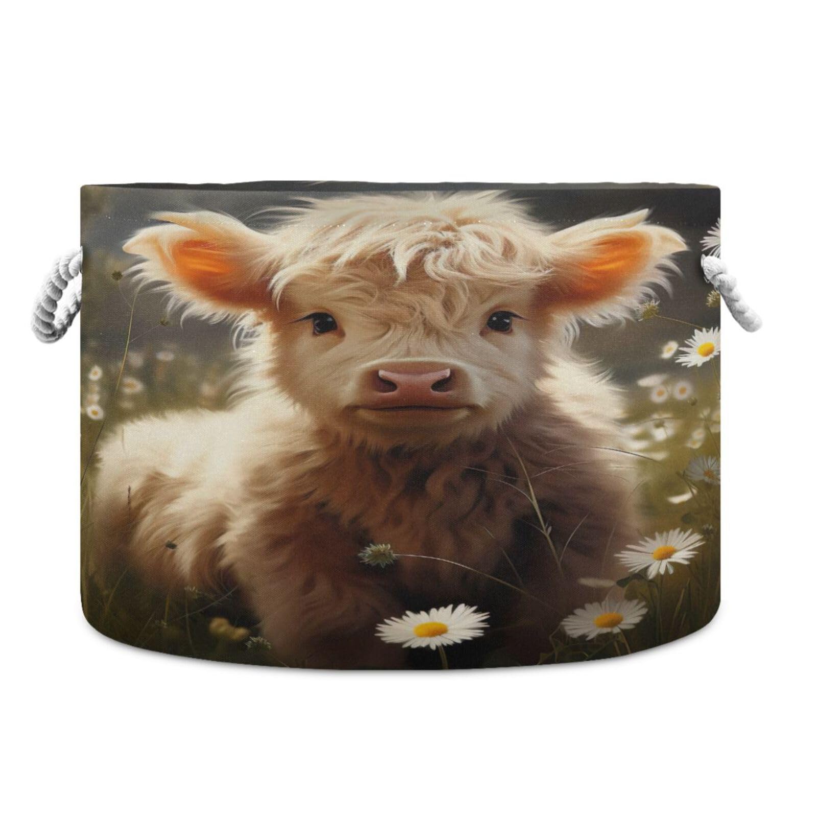 Round Cute Baby Highland Cow Yak Long Horns Daisy Storage Basket Large Organizer Bin Laundry Hamper Toy Storage Basket with Handle for Nursery Clothes Toys 202b4831