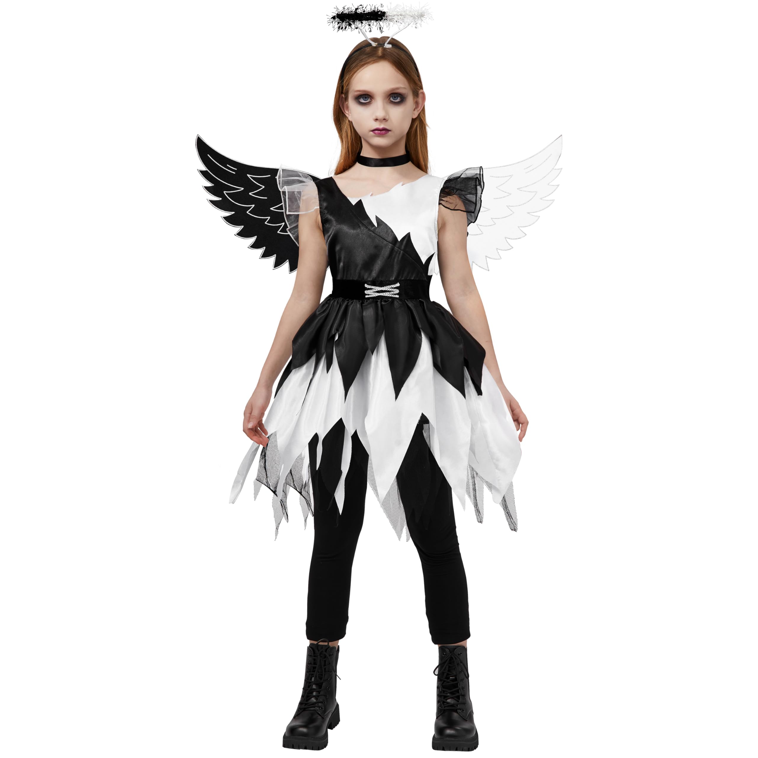 Spooktacular Creations Child Twisted Angel Costume, Girls Half Angel Half Devil Dress, Kids Outfit Set for Halloween Party (Small (5-7 yrs))