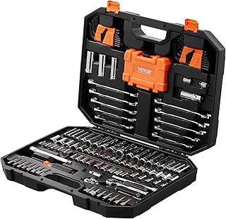 VEVOR Mechanics Tool Set, 145-Piece, Chrome Vanadium Steel, Polyethylene, SAE/Metric Sockets, Combination Wrench, Hex Wrenches, Accessories, Storage Case