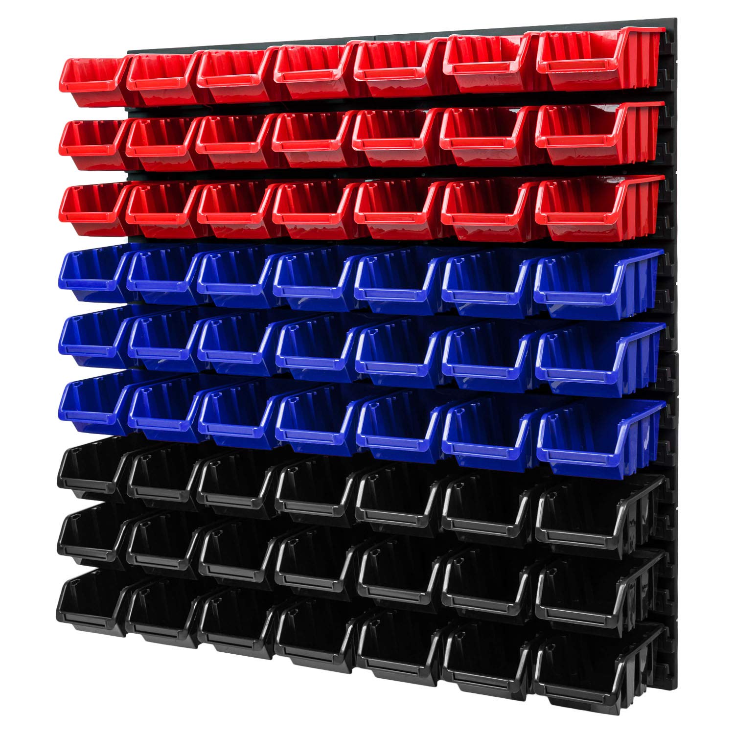 PAFEN Wandregal Stapelboxen Lagersystem - 772 x 780 mm – 63 Stück Boxen Werkstatt Schüttenregal Werkzeuglochwand (Rot/Blau/Schwarz)