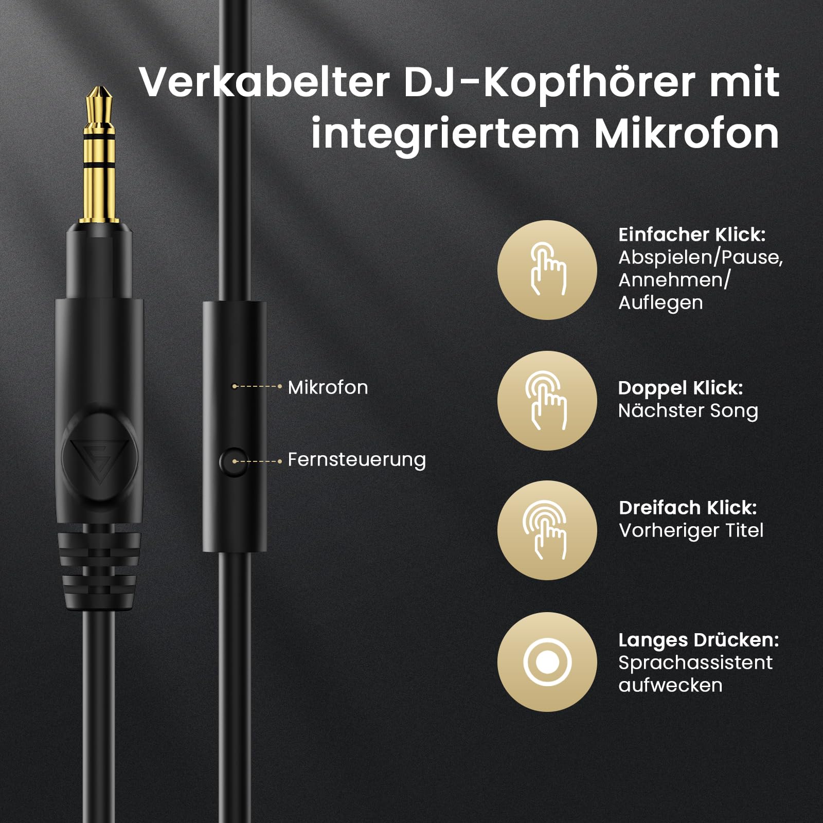 DOQAUS Over Ear Kopfhörer mit Kabel, 50mm HiFi Studio Kopfhörer für DJ & Monitoring, mit 6.35mm & 3.5mm Dual-Stecker, Share Port, Bequeme Ohrpolster, Drehbare Ohrmuscheln, Schwarz