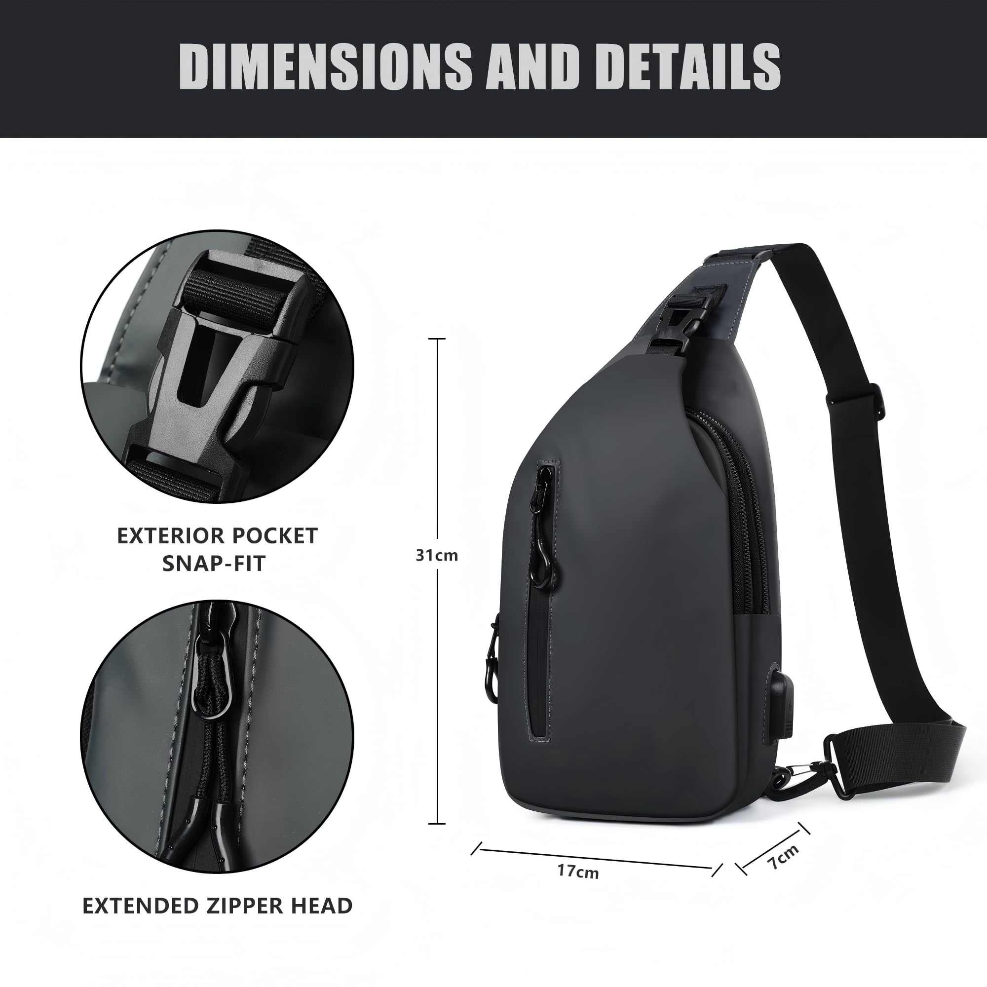 Umhängetasche Herren Klein, Leichte & Wasserdichte Sling Bag für Männer, Brustbeutel/Crossbody Bag für Travel, Festival, Alltag, Wandern & Radfahren (Schwarz)