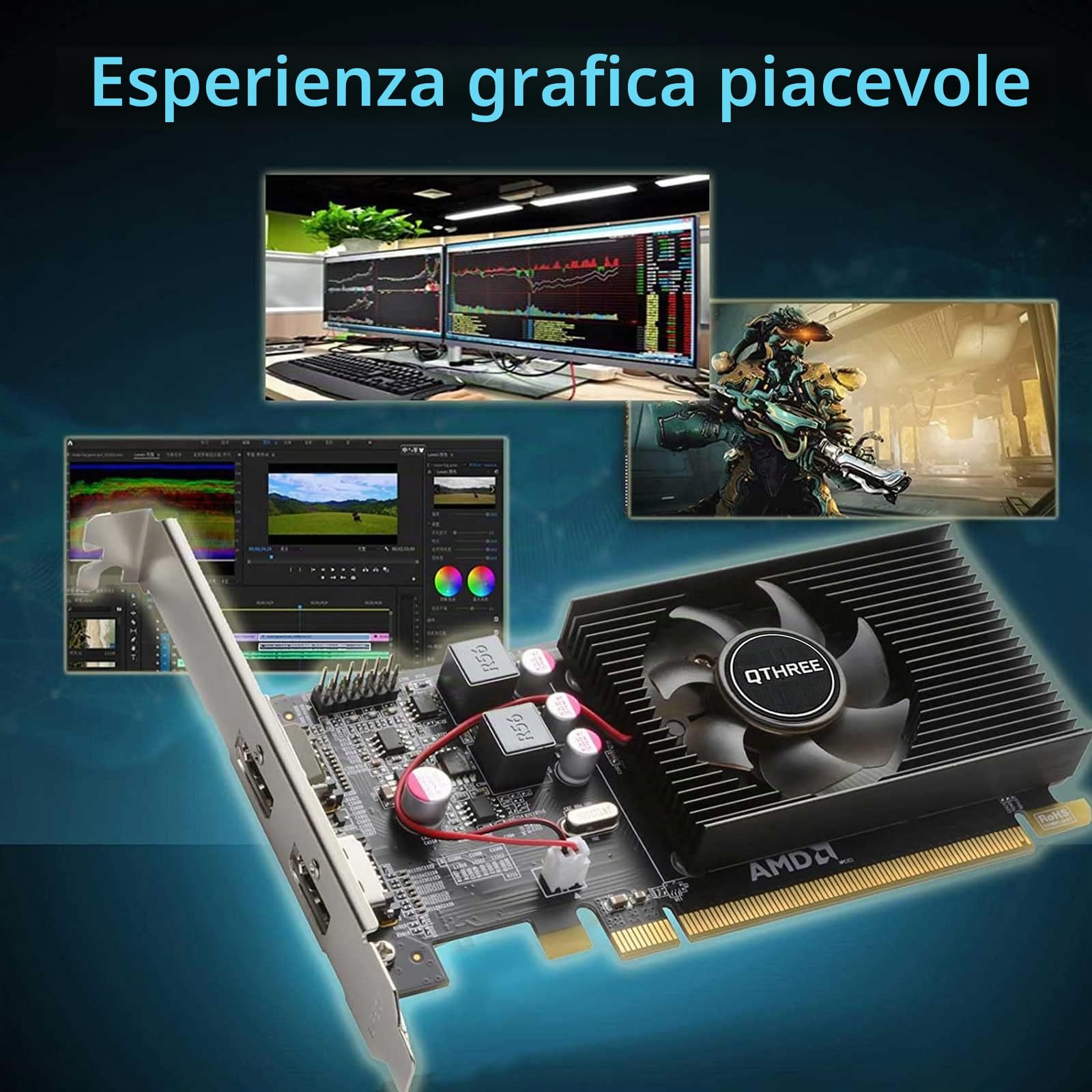 QTHREE Radeon HD 6570 1GB DDR3 2X HDMI Scheda Video, Low Profile, PCI-Express 2.0 x16, Computer GPU, Graphics Card for PC