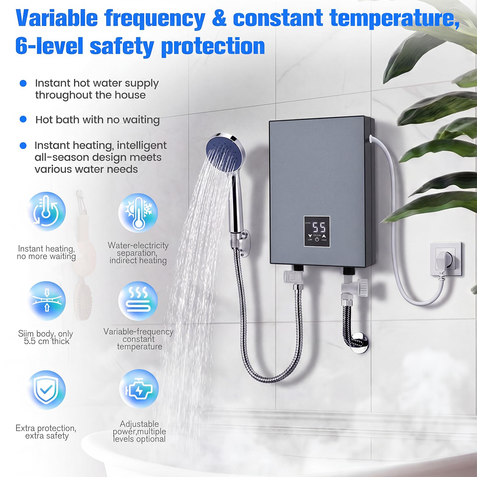 Scaldacqua istantaneo piccolo, 5500 W, 230 V, scaldabagno elettrico regolabile 30-55 °C, mini scaldabagno per cucina, bagno, IPX4, acqua calda istantanea, con sistema doccia (grigio)