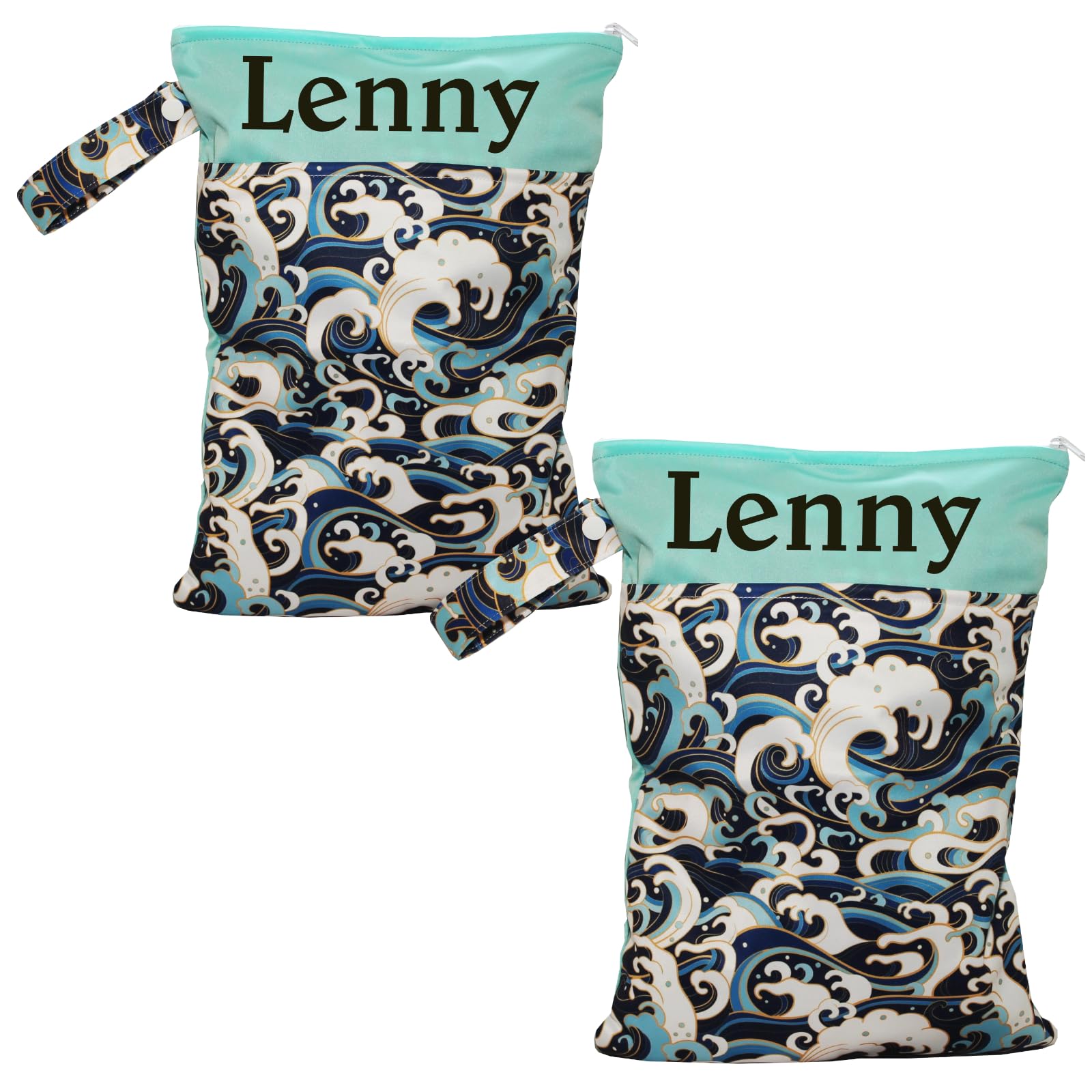 In Deutschland mit Namen personalisierte Wetbag Nasstasche mit 2 separaten Fächern, als Windelbeutel, im Kindergarten oder unterwegs (2 Stück Meer)