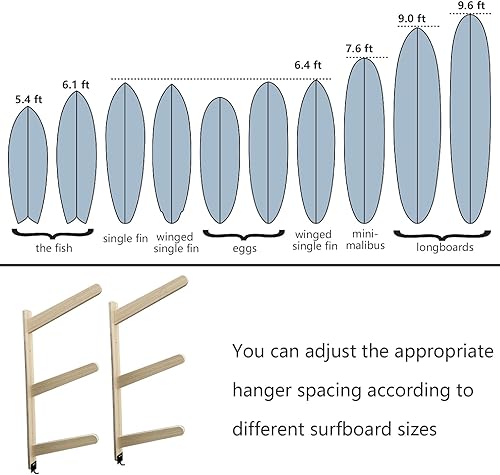 Miniatura 6 de Stranthother Soporte de pared para tabla de surf, 3 tablas de surf, soporte de madera maciza para tablas de surf, soportes de tabla de surf para