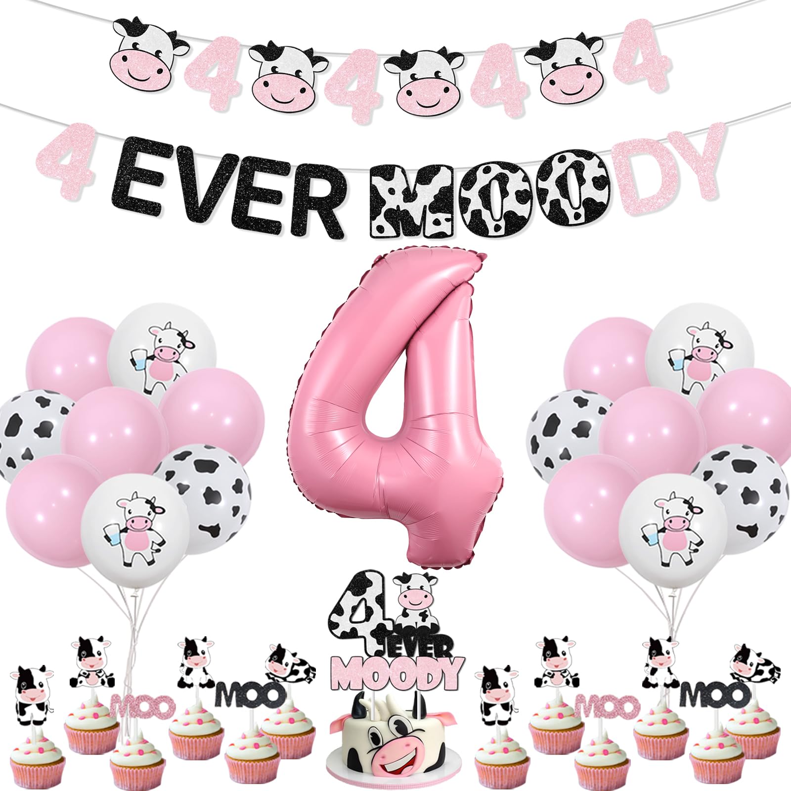 Cow 4th Birthday Decorations for Girls, 4ever Moody Birthday Decorations Banner MOO MOO Cake Cupcake Toppers, Cow Pink Balloons Garland Number 4 Foil Balloon for Girl 4th Birthday Party