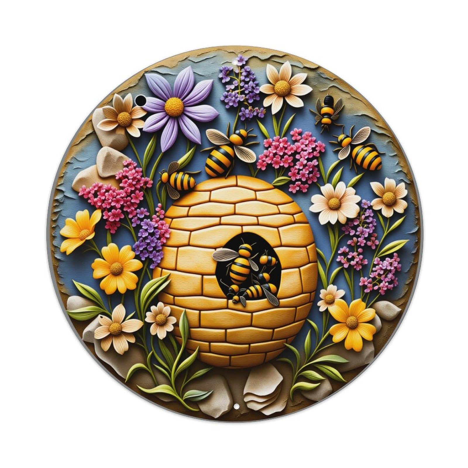 Bee Hive Floral Garden Art Round Tin Sign Vintage Metal Poster Retro Bar, Home, Man Cave, Kitchen, Laundry Room Wall Art Decor Gift 8x8Inch