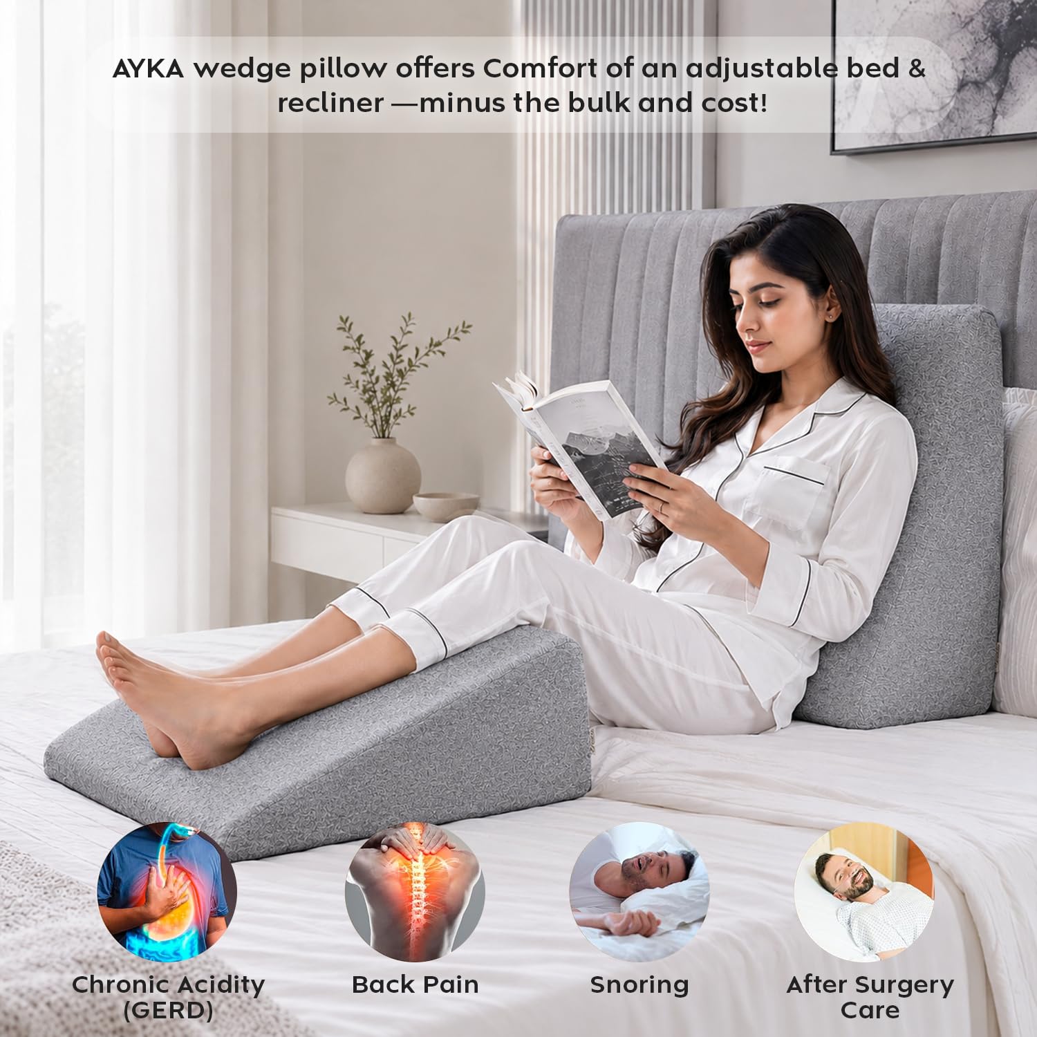 AYKA Wedge Cushion | Orthopedic Wedge Pillow for Bed, Neck Pain, Acid Reflux, Snoring, GERD, Leg Elevation & Pregnancy | High-Resilience Memory Foam | 2 Years Warranty (Grey, 20x19.5x10 Inch) 2