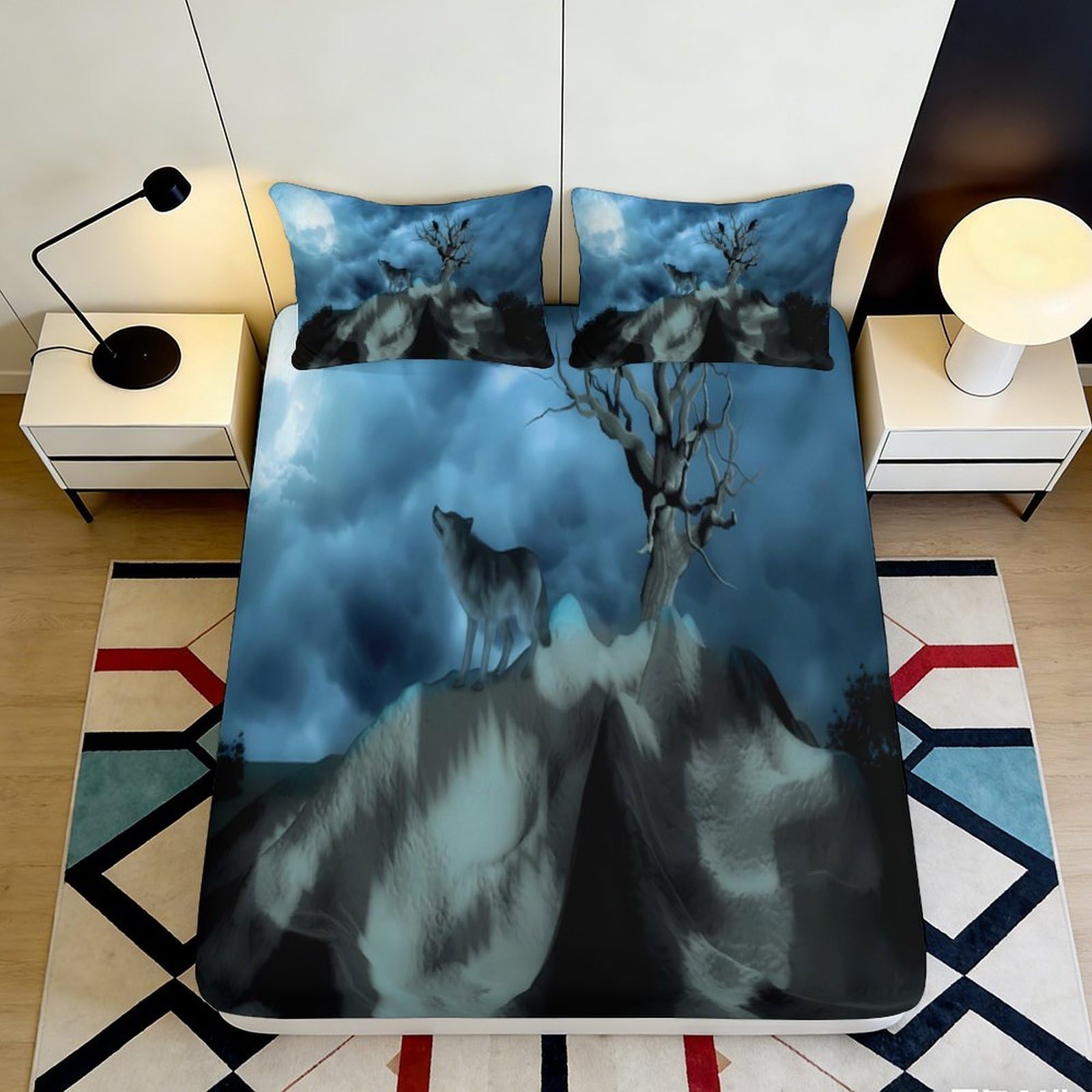 Pnayamiorkfel Style-5 3D Printed Wolf Howling Night Fitted Sheet Microfiber Soft Breathable Moon Mountain Bed Cover For Bedroom Guest Room Decor 90X200x25cm