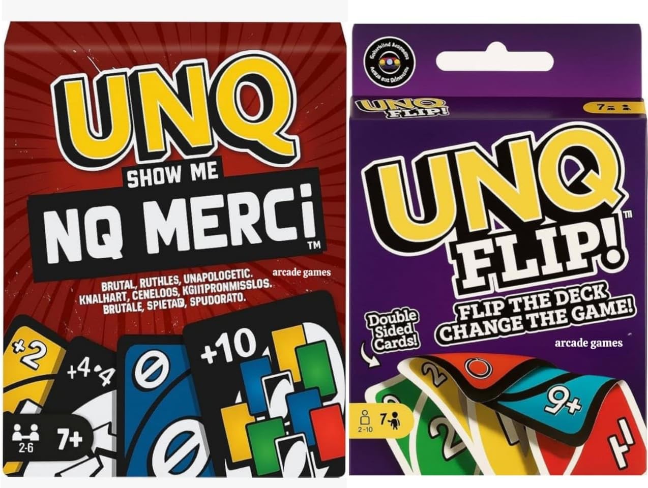 ARCADE GAMES Matte UNQ FLIP & Merci | Combo Pack of 2 | Family Fun Card Games for Kids, Adults & Teens | Portable Travel Game | Fast-Paced Strategy, Action & Reversible Play | Perfect for Gifting