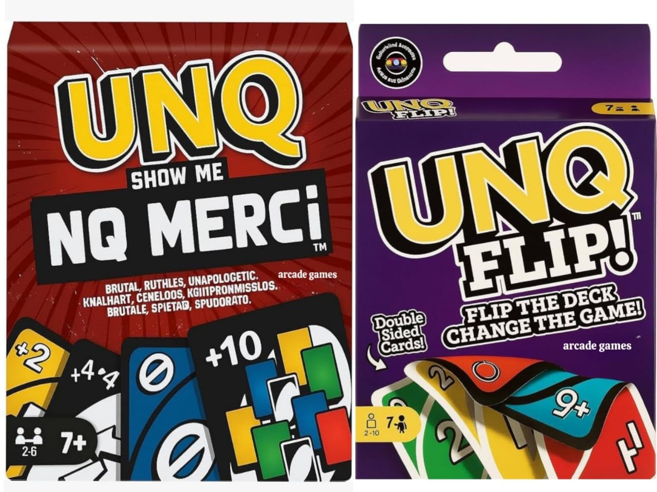 ARCADE GAMES Matte UNQ FLIP & Merci | Combo Pack of 2 | Family Fun Card Games for Kids, Adults & Teens | Portable Travel Game | Fast-Paced Strategy, Action & Reversible Play | Perfect for Gifting