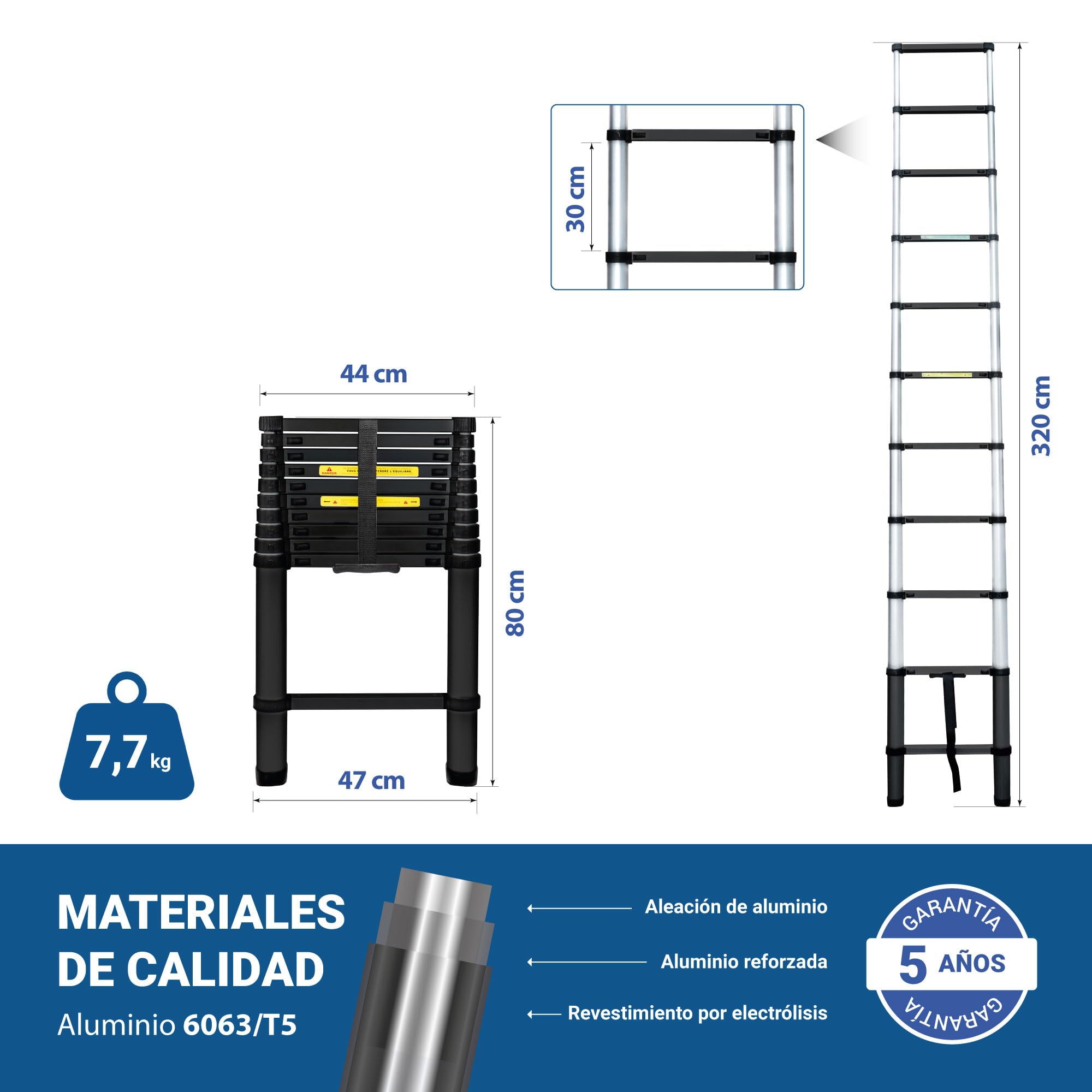 HOSTRÖM Escalera telescópica de 3,2 m TELESCOO11, Aluminio, Plegable, Extensible, Altura máxima de Trabajo 4,1 m, Norma EN131, garantía de 5 años.