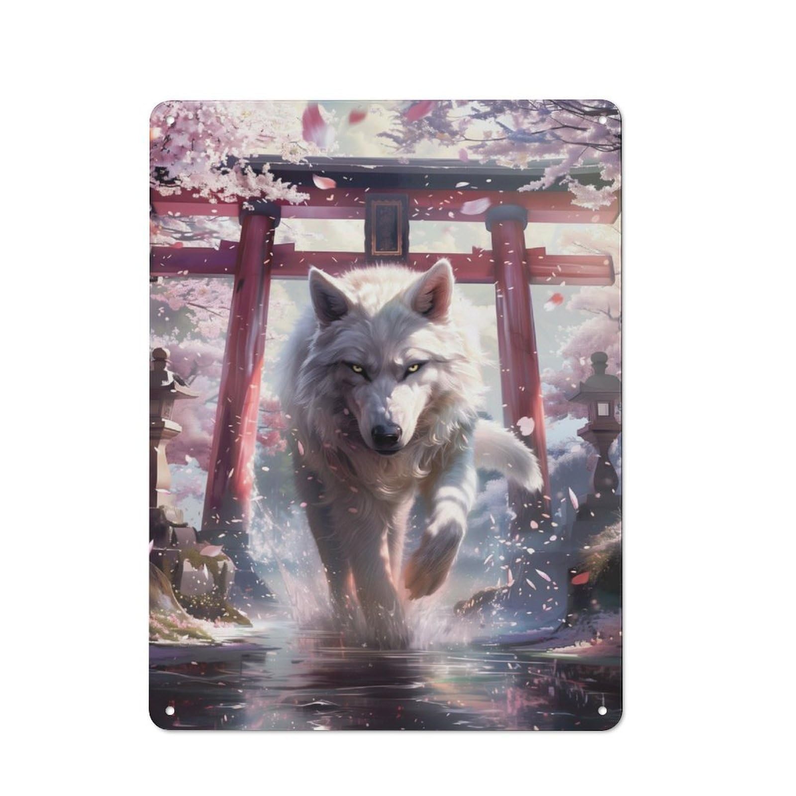 Junmoney Wolf Spirit Sakura Torii Metal Plaque 40X30cm With For Garage Wall, Retro Decor, For Themed Interiors In Garages And Workshops