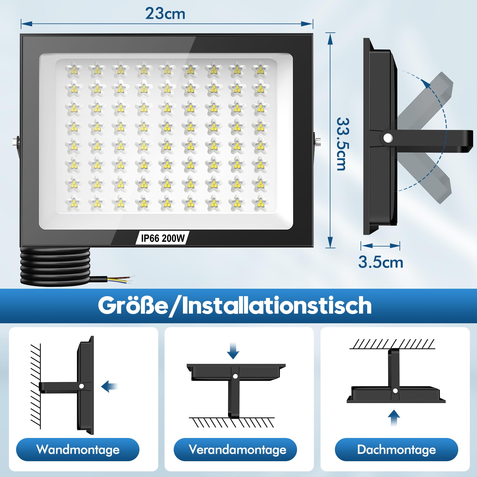 2 Stück 200W LED Strahler Außen, 6500K LED Fluter Flutlicht, IP66 Wasserfest Scheinwerfer Aussenstrahler, tageslichtweiße Wasserdicht Außenstrahler für Garten, Innenhöfe, Garage