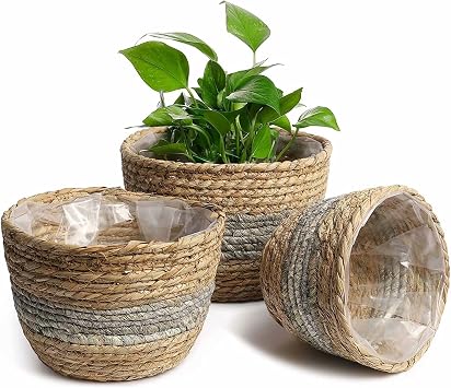 Handmade Woven Plant Basket 3 Set Seagrass Plant Basket Different Size Durable Flower Pot Container Storage Basket with Interior Plastic Coating for Modern Home Decor & Natural Plant Pot Light Gray