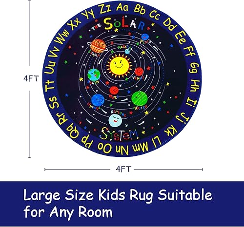 Miniatura 2 de Alfombra redonda de 4 pies para niños, sistema solar, galaxia, sistema solar, alfombra de aprendizaje educativa, antideslizante, suave, alfombra de