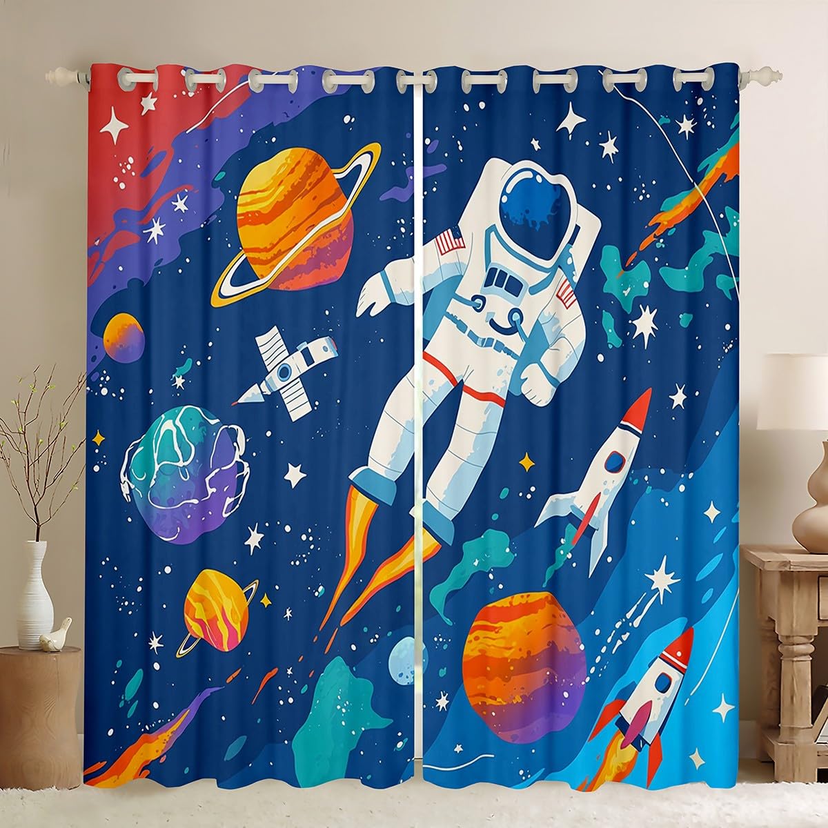 Homemissing Cosmonaut Spaceman Curtains (2 Panels,W52*L90) For Bedroom Kids Boys Teens Universe Planets Window Curtains Space Rocket Blackout Curtains Outer Space Room Decor Window Treatments
