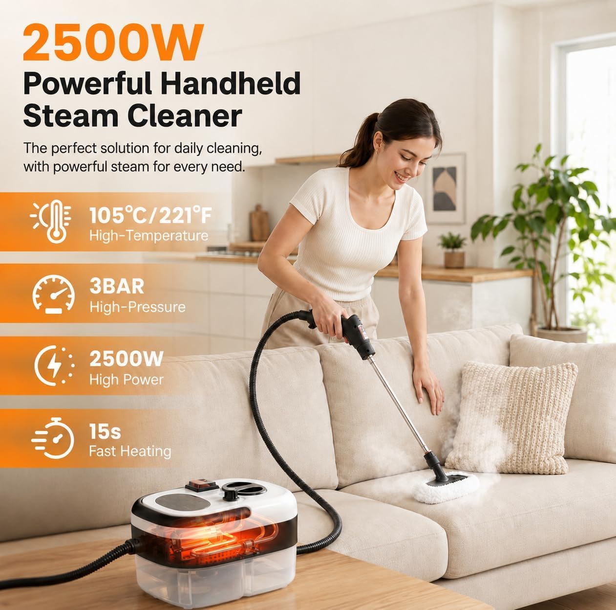 Vaporiera Portatile Multi-superficie Da 2500 W, Capacità 1200 Ml, 6 Livelli Di Vapore Regolabili, Pulitore A Vapore Pressurizzato Ad Alta Temperatura, Per Cucina, Bagno, Mobili, Auto E Finestre