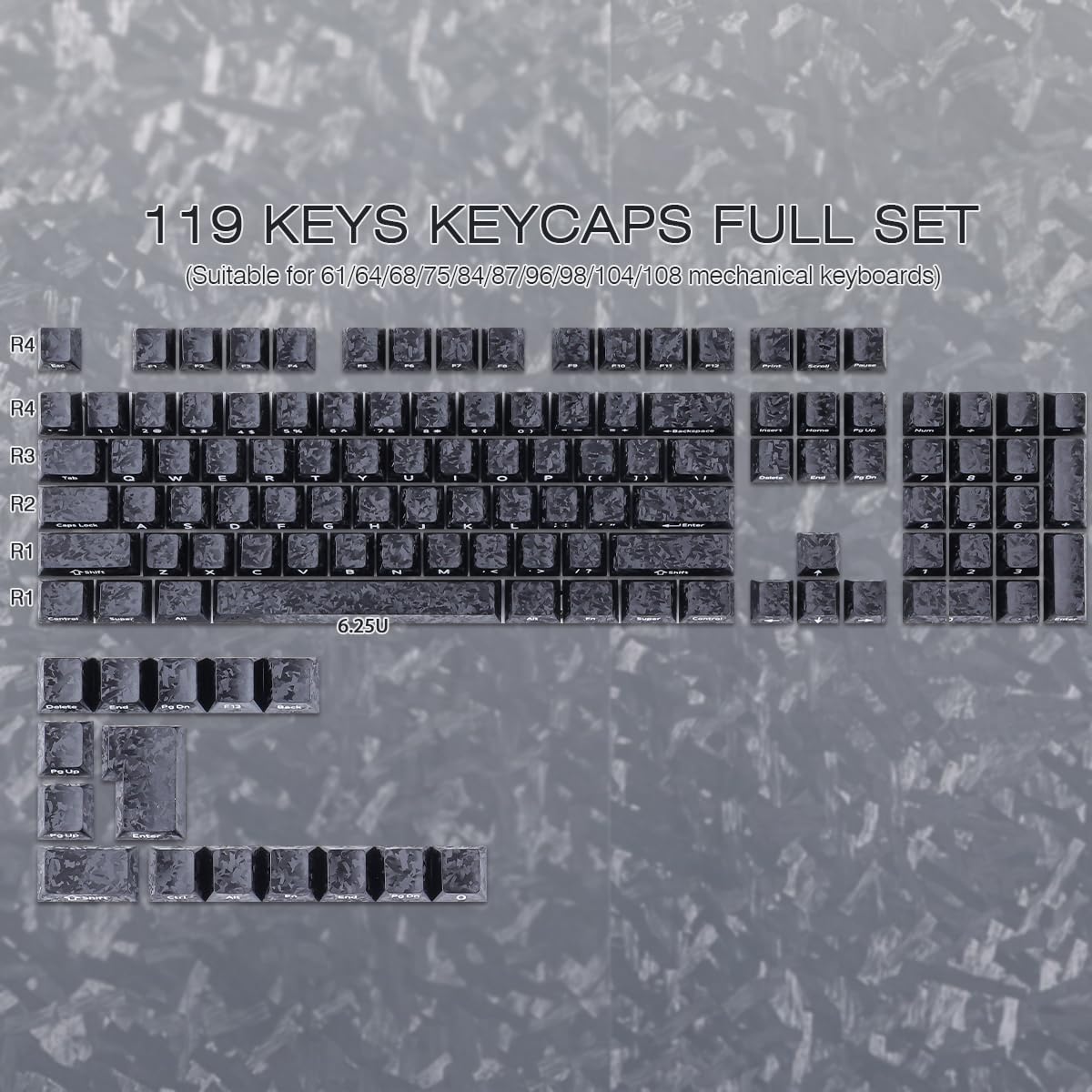 Sunzit PBT Keycaps, 119 Tasten, individuelles Set mit schwarzen Tastenkappen in Carbonfaser Optik, Cherry-Profil, seitlicher Sublimationsdruck für MX-Schalter, mechanische Gaming-Tastatur