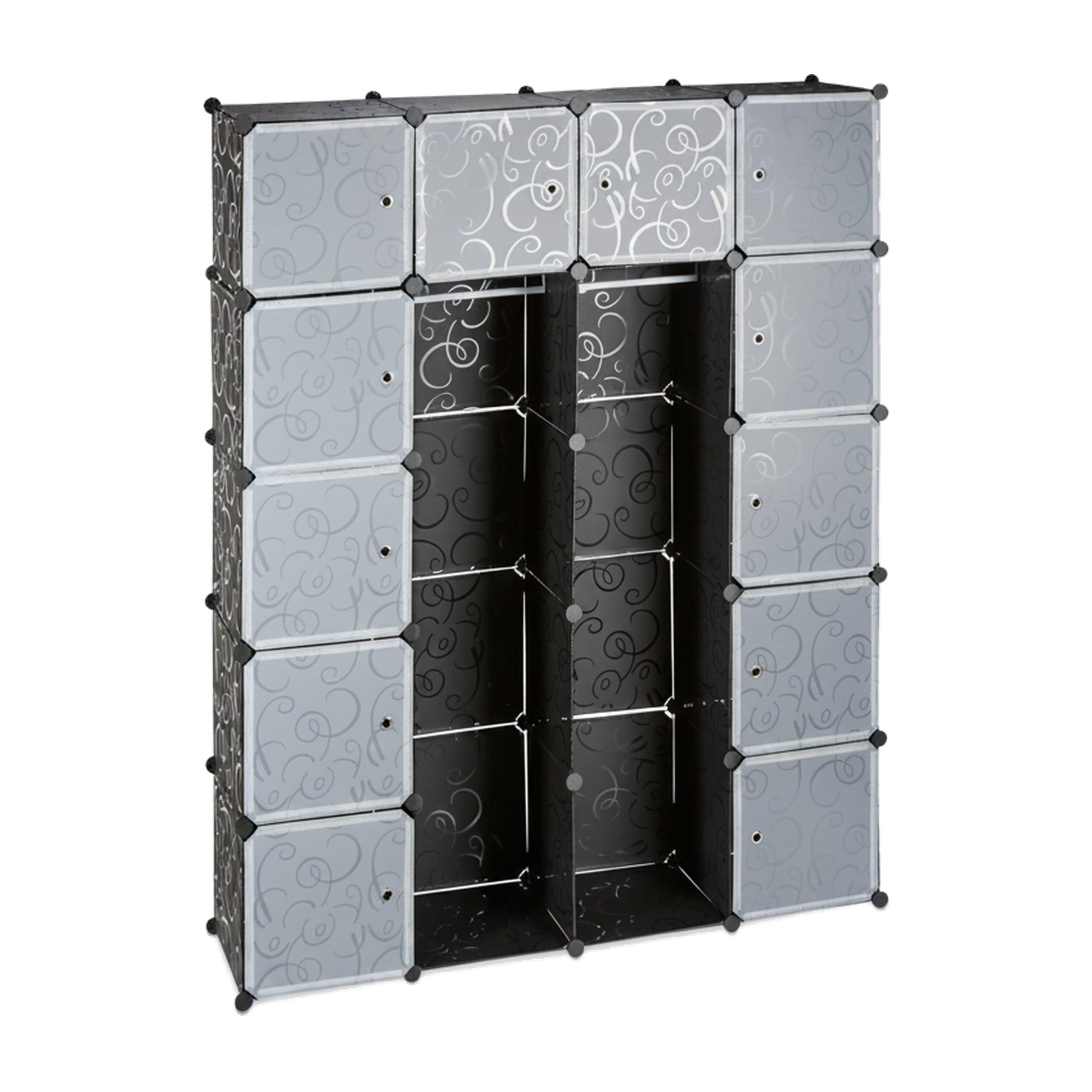 Relaxdays Kleiderschrank Stecksystem mit 2 Kleiderstangen, Garderobe mit 14 Fächer, Kunststoff Regalsystem, schwarz